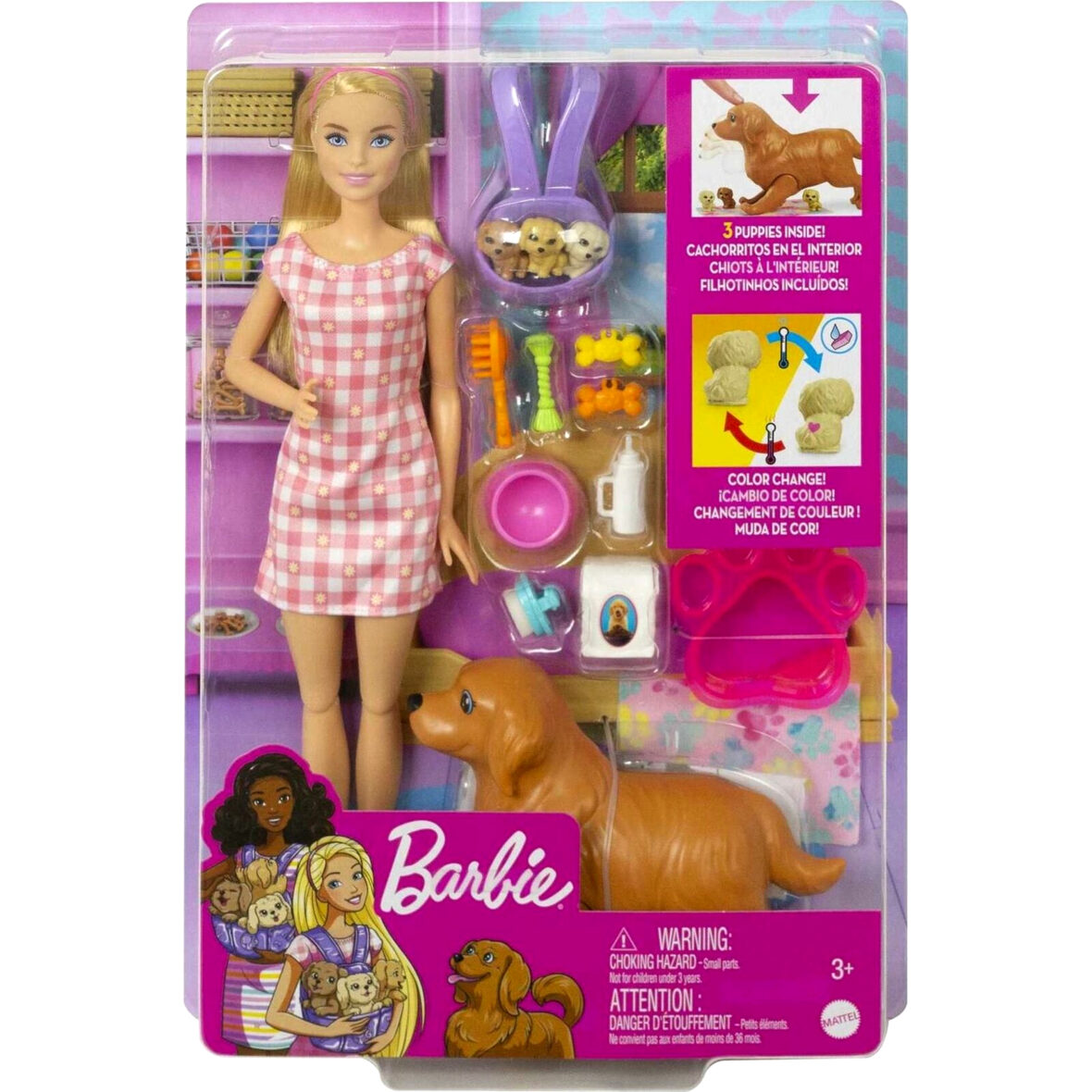 Barbie Doll and Newborn Pups Playset with Dog, 3 Puppies & Accessories-HCK74